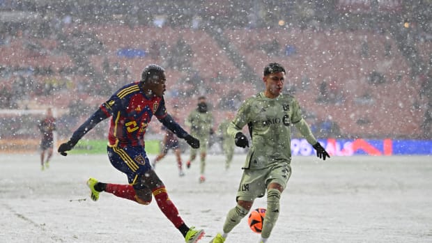 Gómez shoots during Real Salt Lake’s 3-0 win over Los Angeles FC on March 2, 2024.
